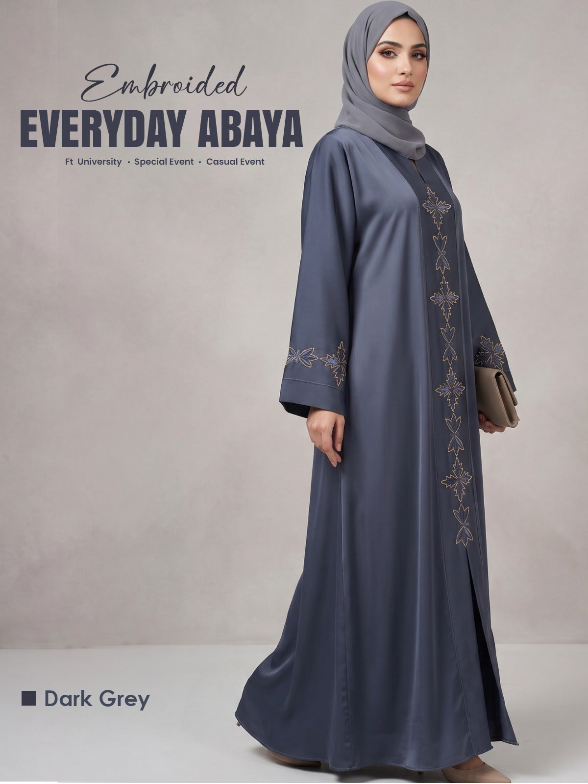 Embroided - Tail Abaya - Dark Grey (Summer Special)