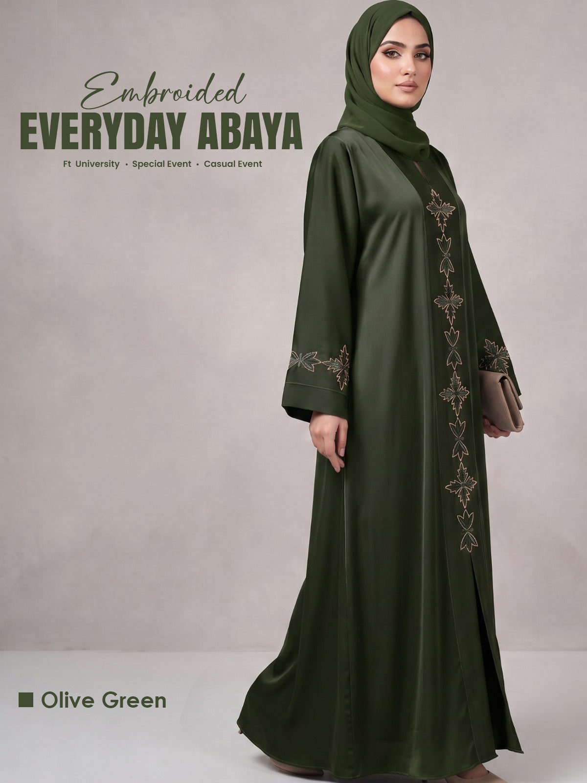 Embroided - Tail Abaya - Olive Green (Summer Special)
