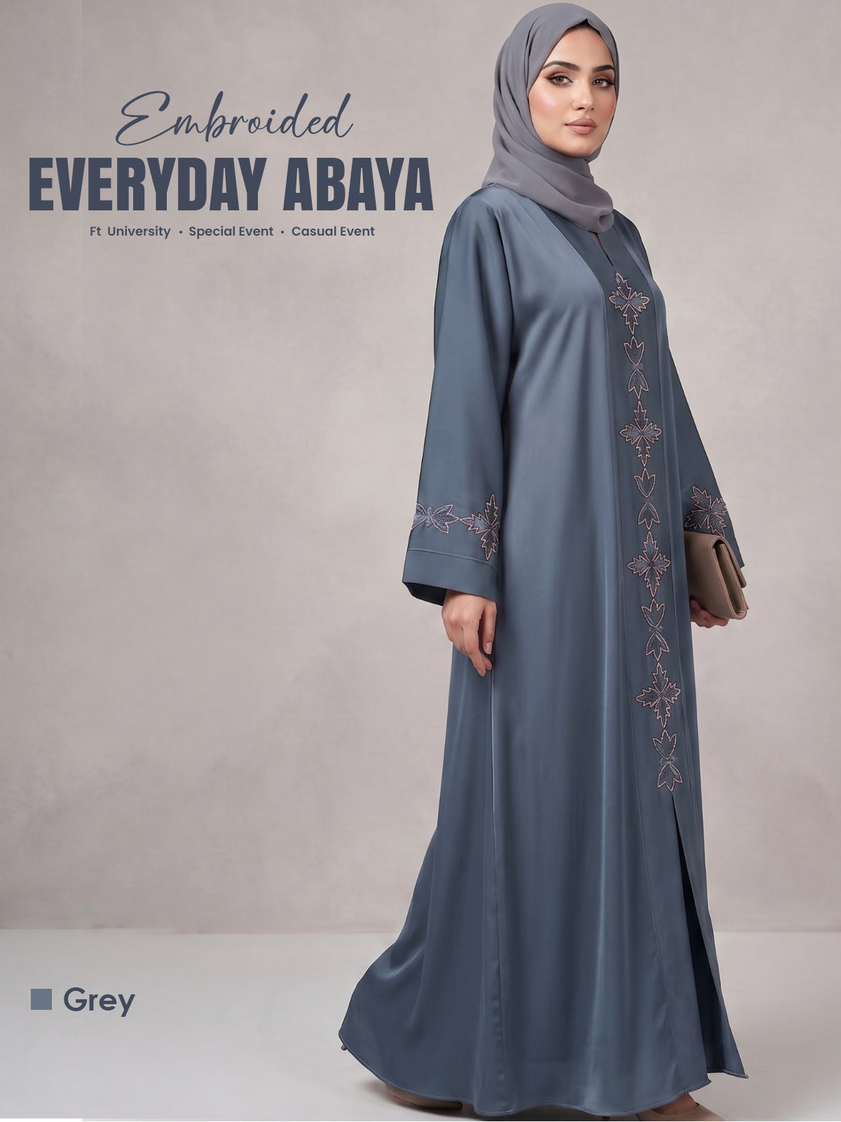 Embroided - Tail Abaya - Grey (Summer Special)